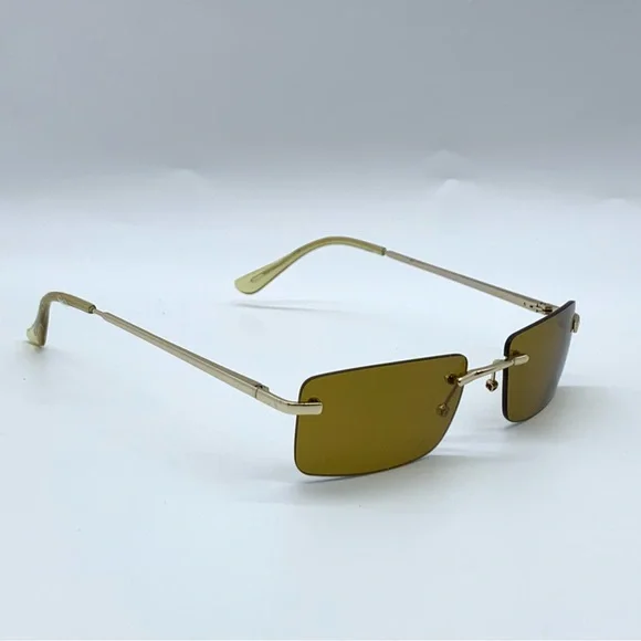 Slim Retro Rimless Rectangular Sunglasses in Gold- Brown - Picture 6 of 11